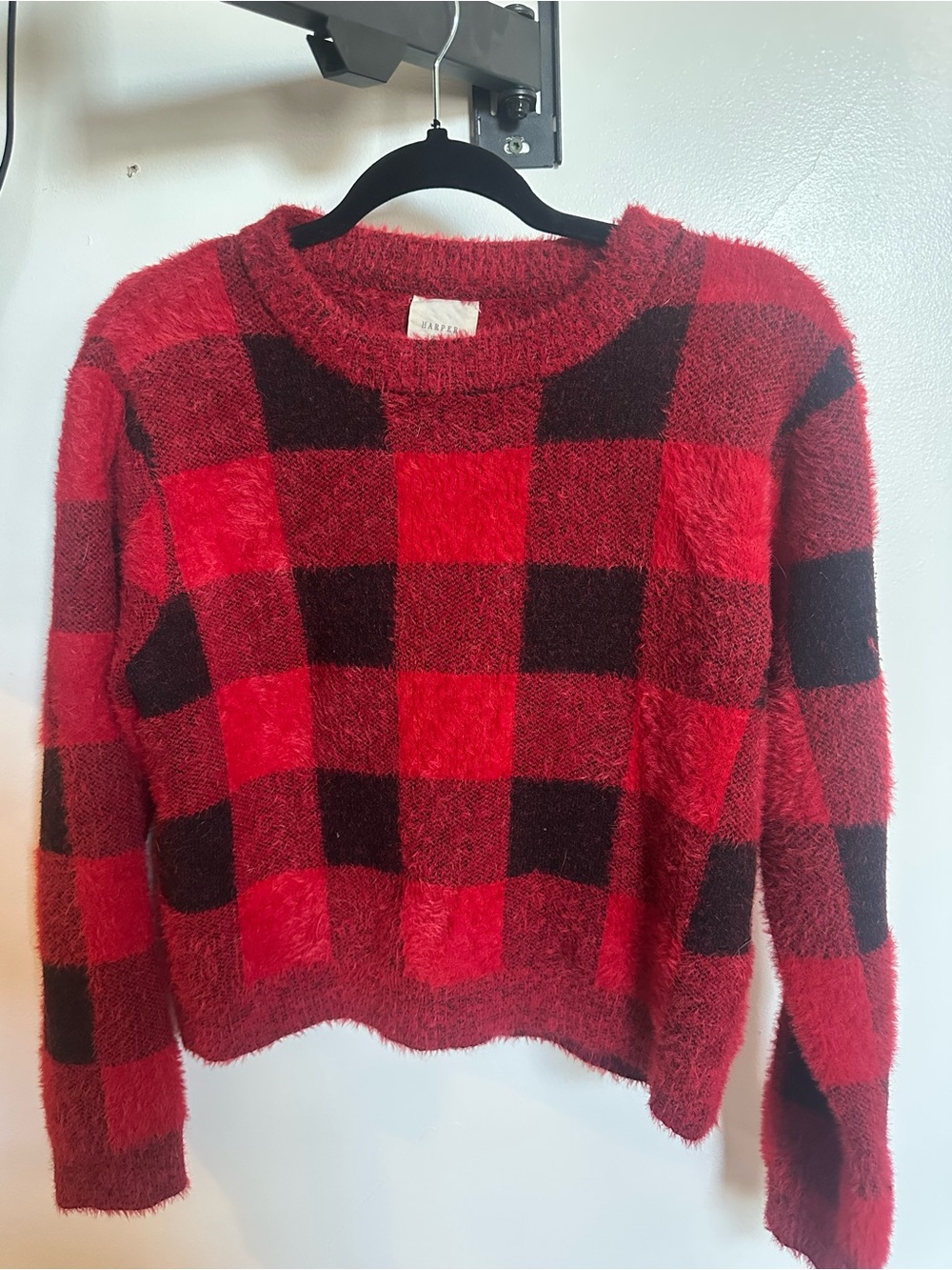Harper Red and Black Buffalo Plaid Fuzzy Crewneck Sweater